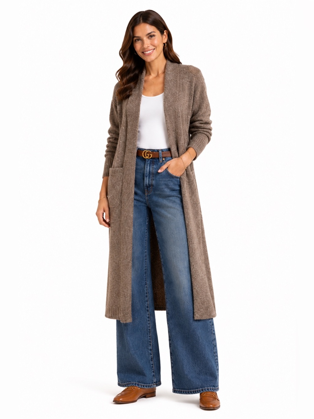 Max Studio Long Open-Front Taupe Cardigan